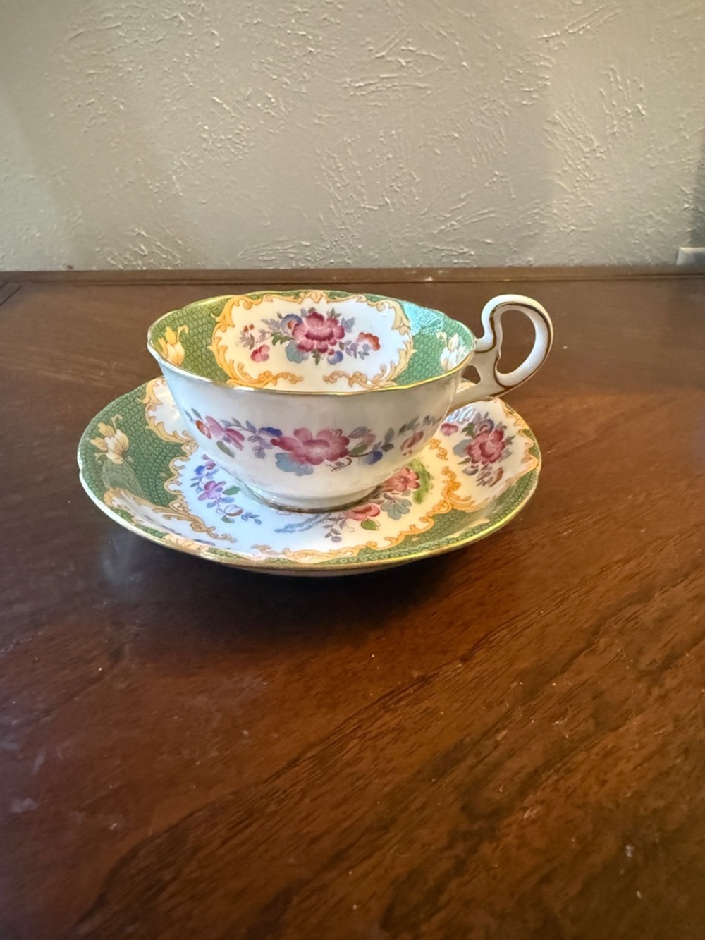 ABJ Grafton Bone China Vintage Floral Teacup and Saucer Set - Green and Pink